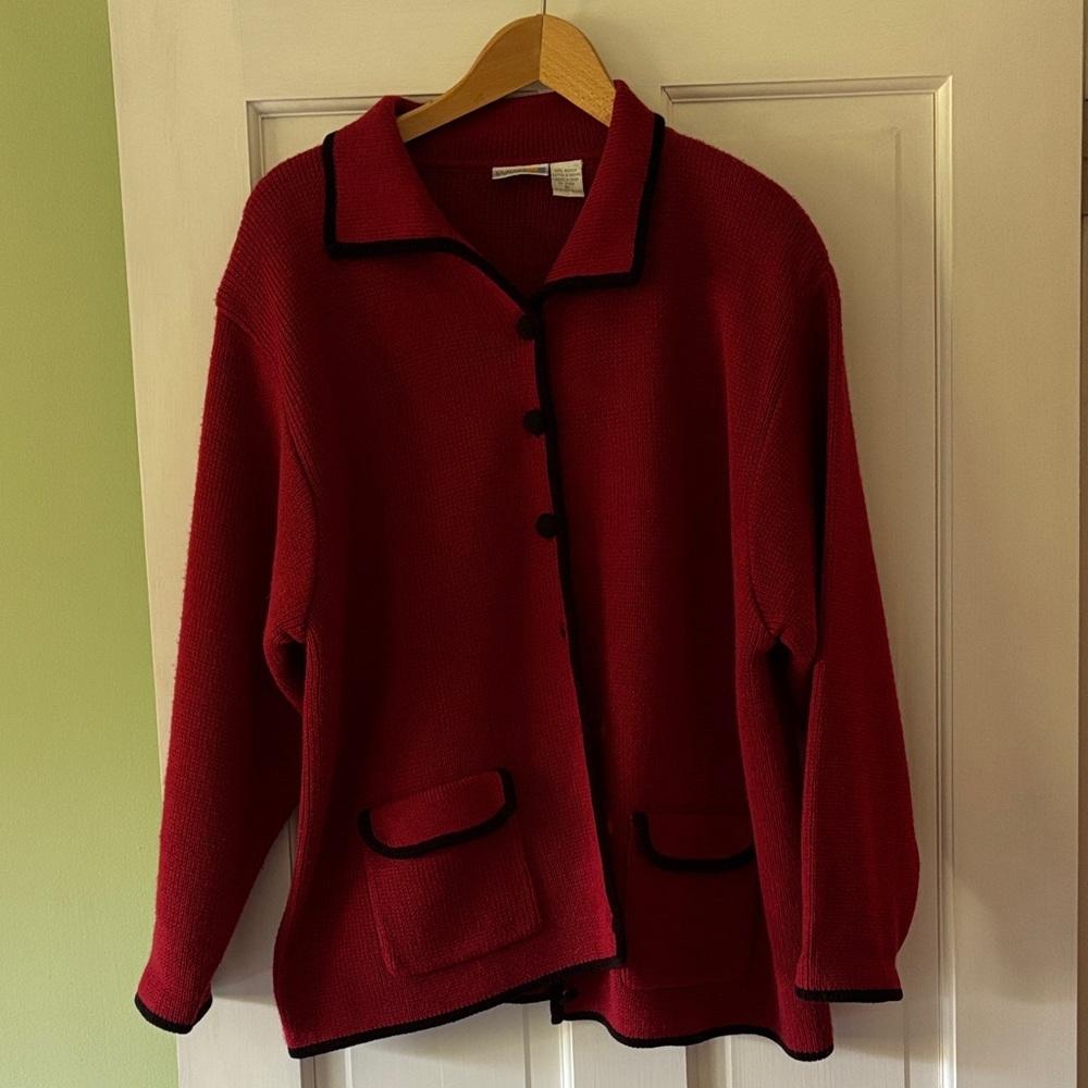 Red Button-Up Cardigan with Black Trim